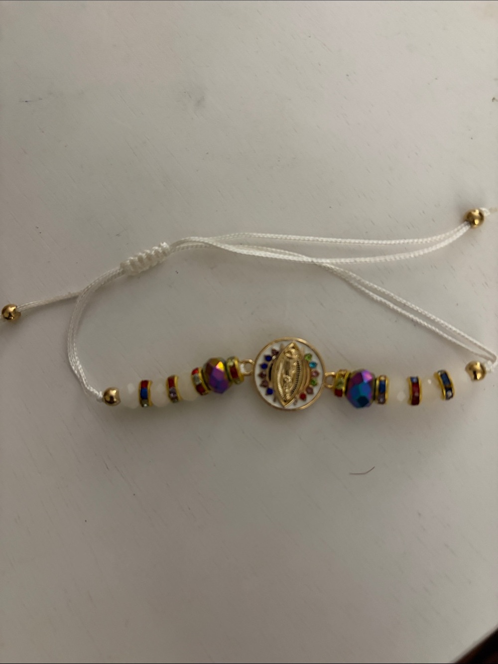 White Cord Bracelet with Gold Marian Medal and Multicolor Beads